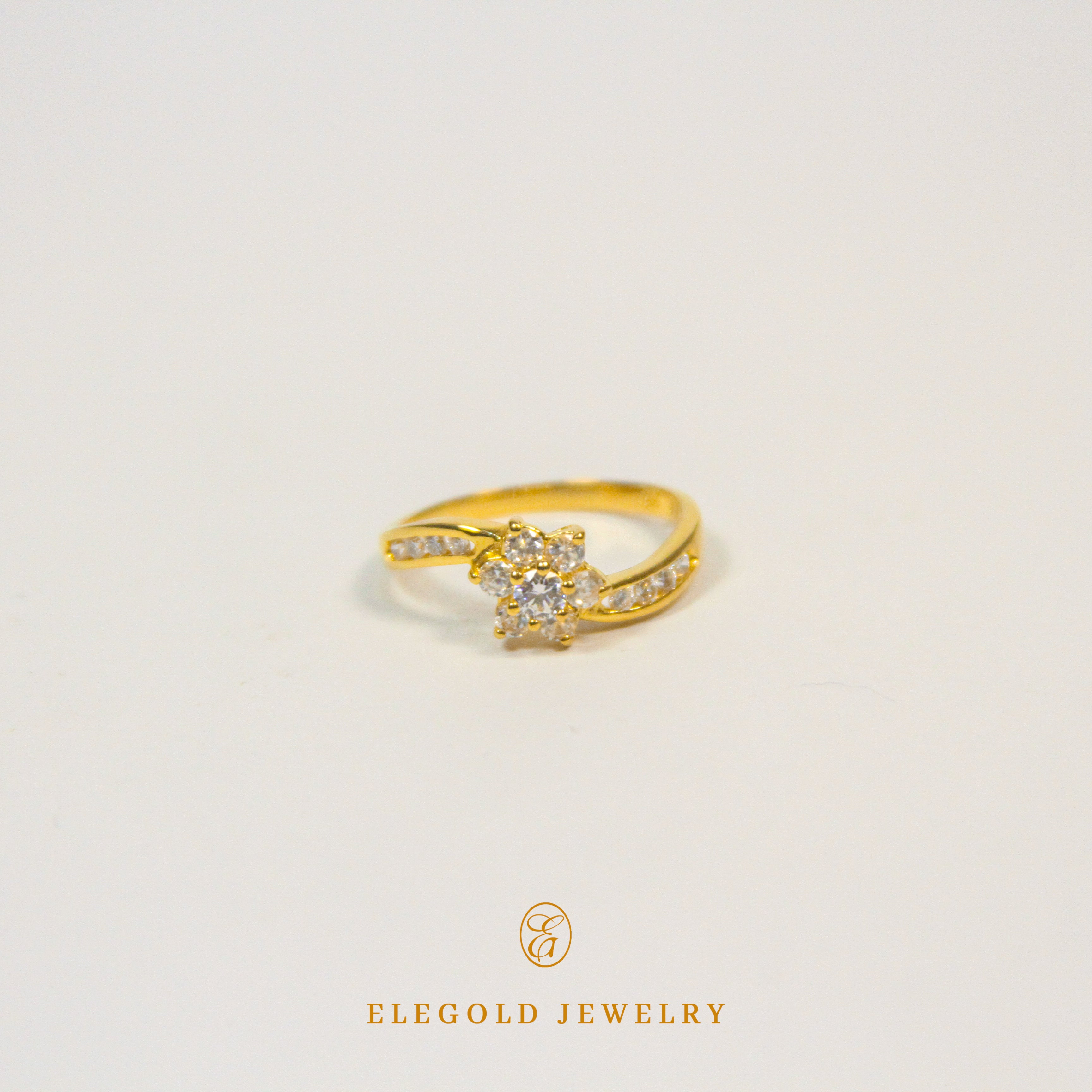 Elegold Blooming Flower CZ Side Stone Gold Ring - 206ys