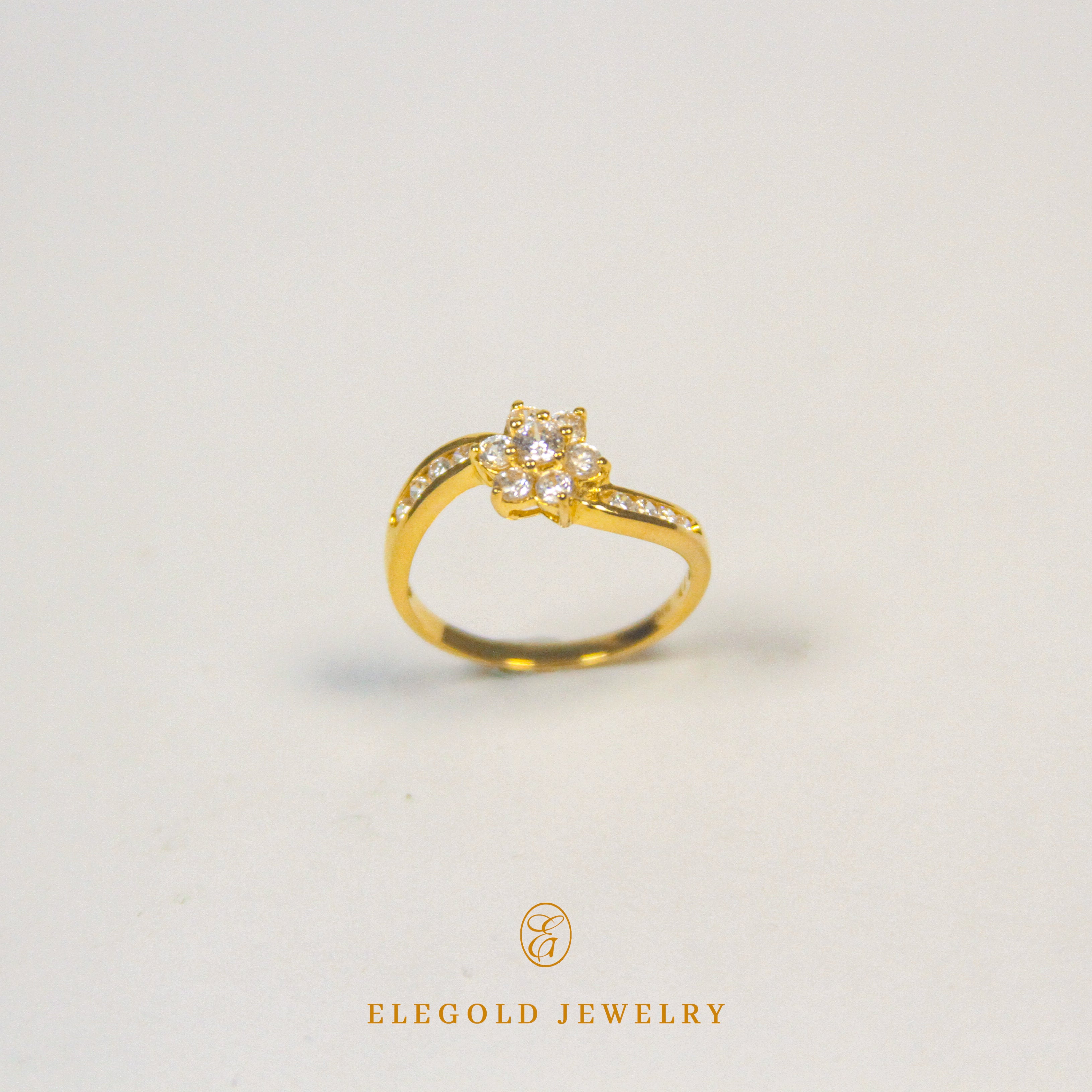 Elegold Blooming Flower CZ Side Stone Gold Ring - 206ys
