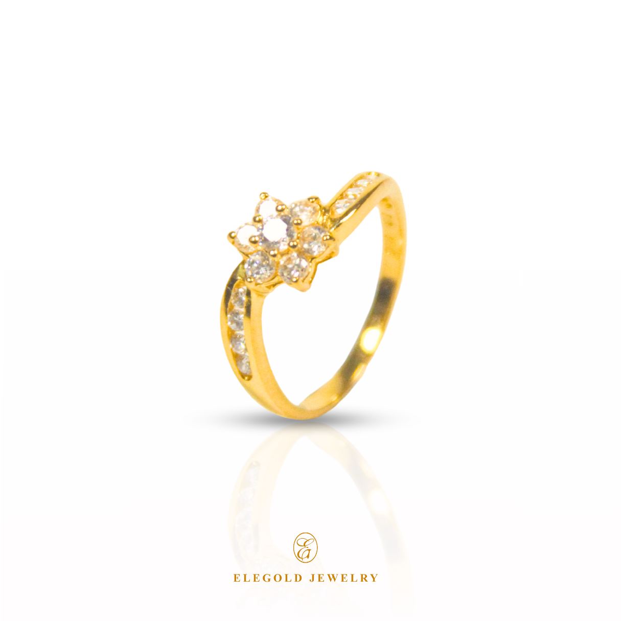 Elegold Blooming Flower CZ Side Stone Gold Ring - 206ys