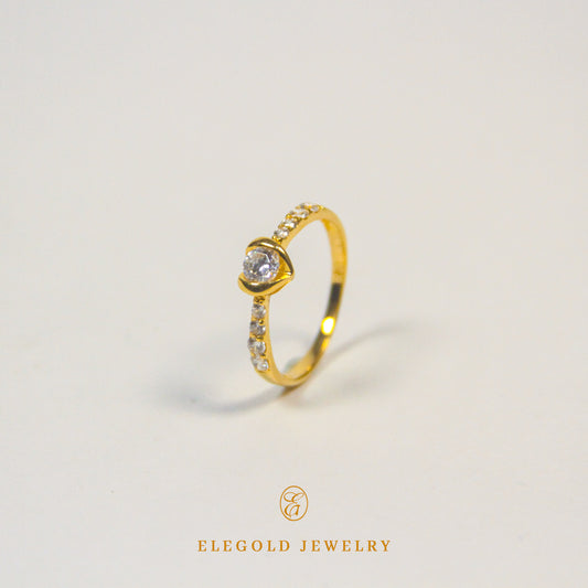 Elegold Heart Shape CZ Side Stone Gold Ring