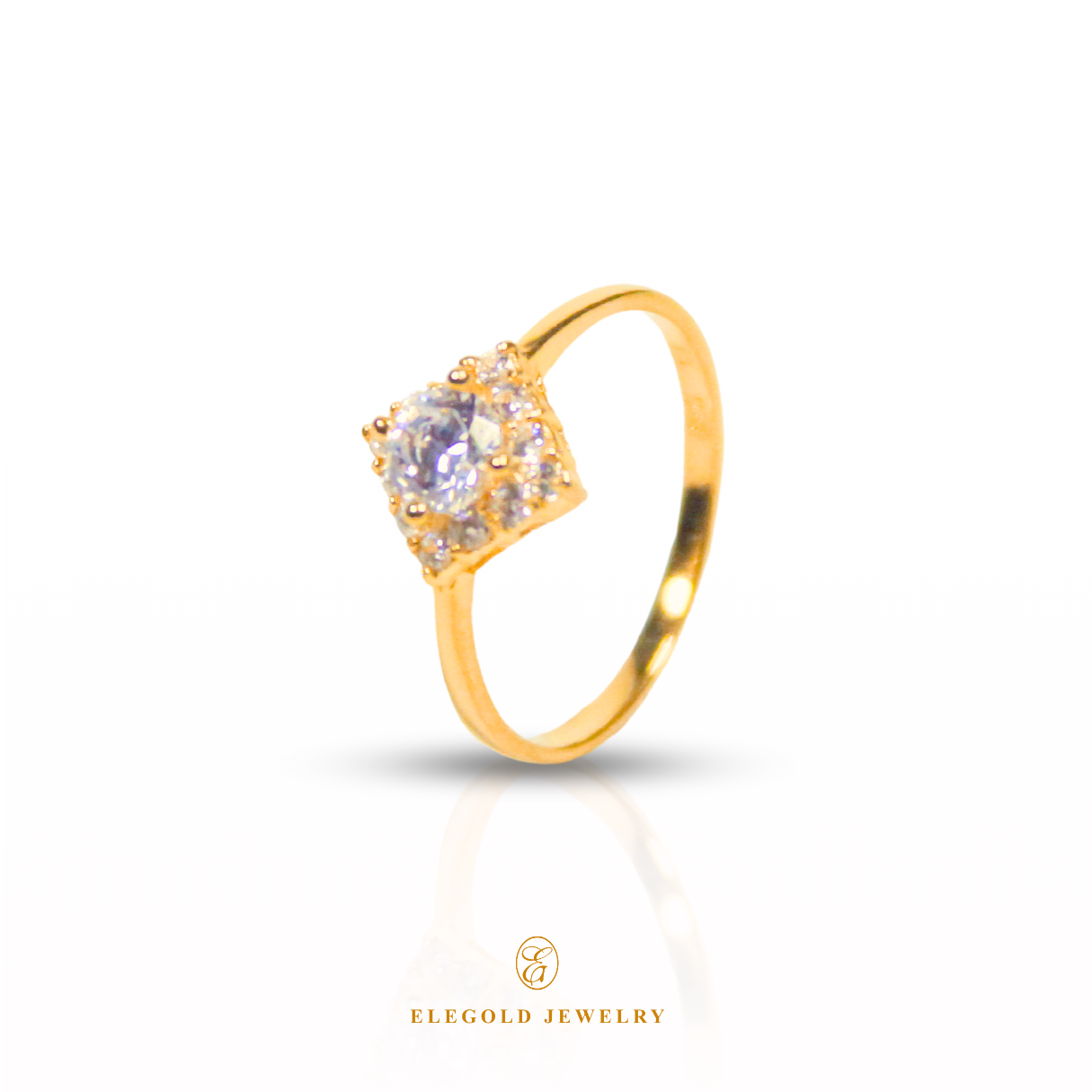 Elegold Halo Round Cut CZ Stones Gold Ring