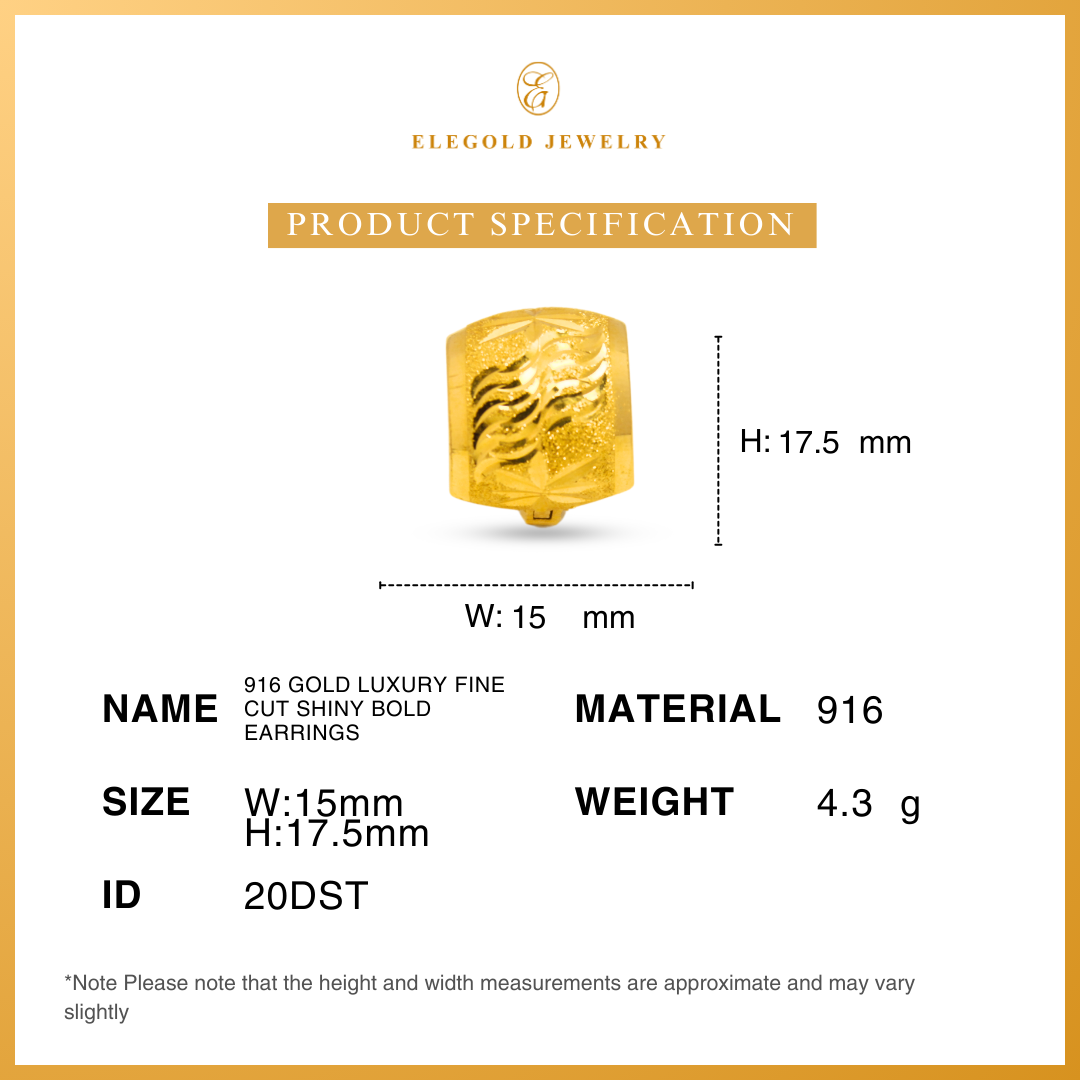 916 Gold Luxury Fine Cut Shiny Bold Earrings | Subang Kilat Fesyen Klasic Emas 916 | Elegold
