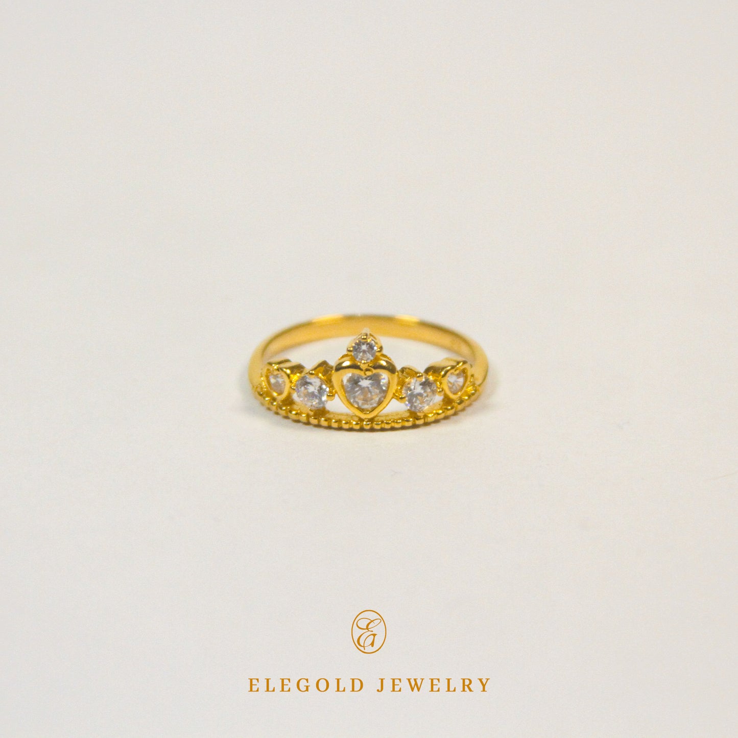 Elegold Heart Crown CZ Stone Gold Ring