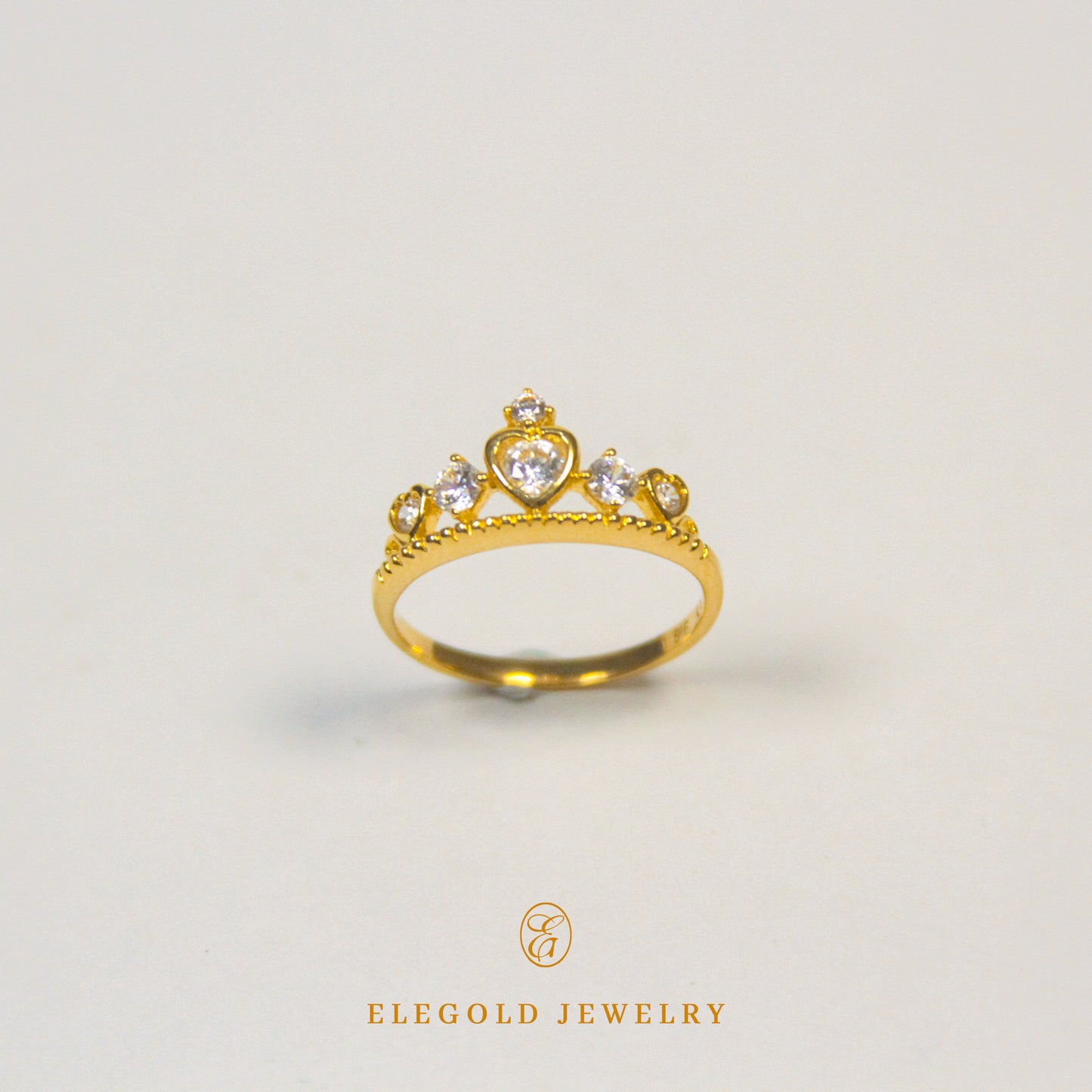 Elegold Heart Crown CZ Stone Gold Ring