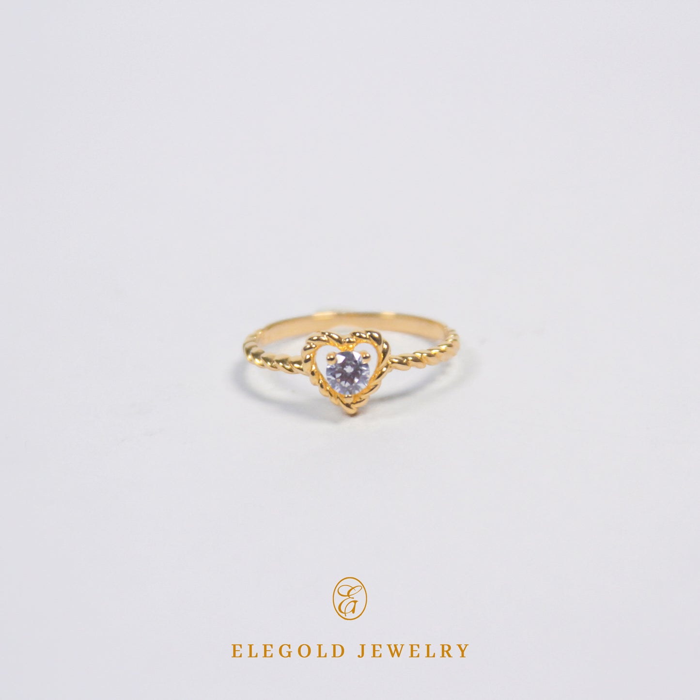 Elegold Heart Shape CZ Stone Twist Gold Ring