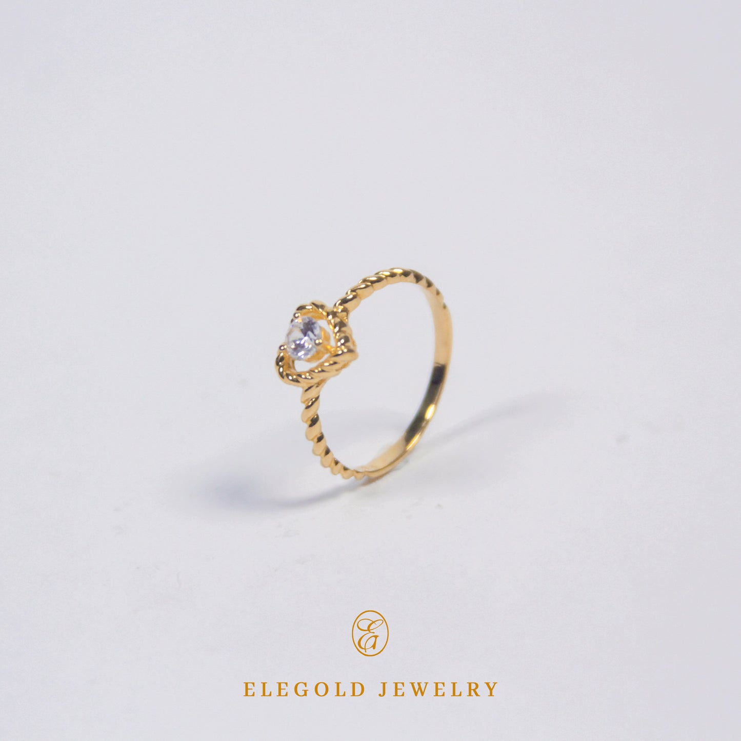 Elegold Heart Shape CZ Stone Twist Gold Ring