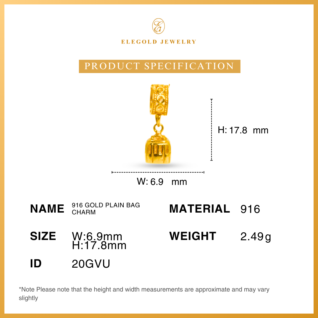 916 Gold Plain Bag | Charm Plain Beg Emas 916 | Elegold