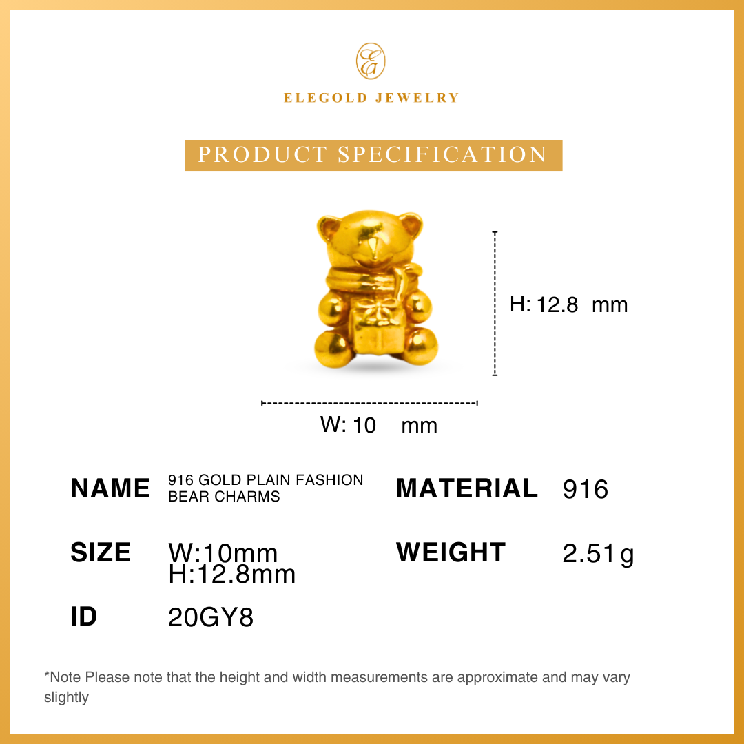 916 Gold Plain Fashion Bear Charms |Charm Fesyen Bear Emas 916 | Elegold