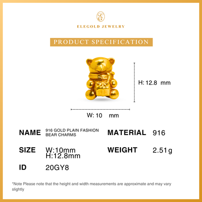 916 Gold Plain Fashion Bear Charms |Charm Fesyen Bear Emas 916 | Elegold