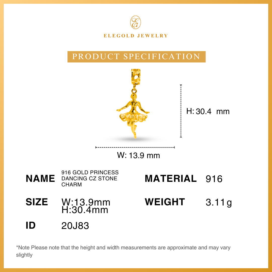 916 Gold Princess Dancing CZ Stone Charm | Charm Plain Puteri Batu Emas 916 | Elegold