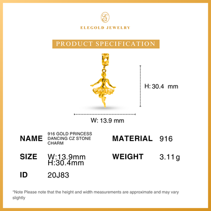 916 Gold Princess Dancing CZ Stone Charm | Charm Plain Puteri Batu Emas 916 | Elegold