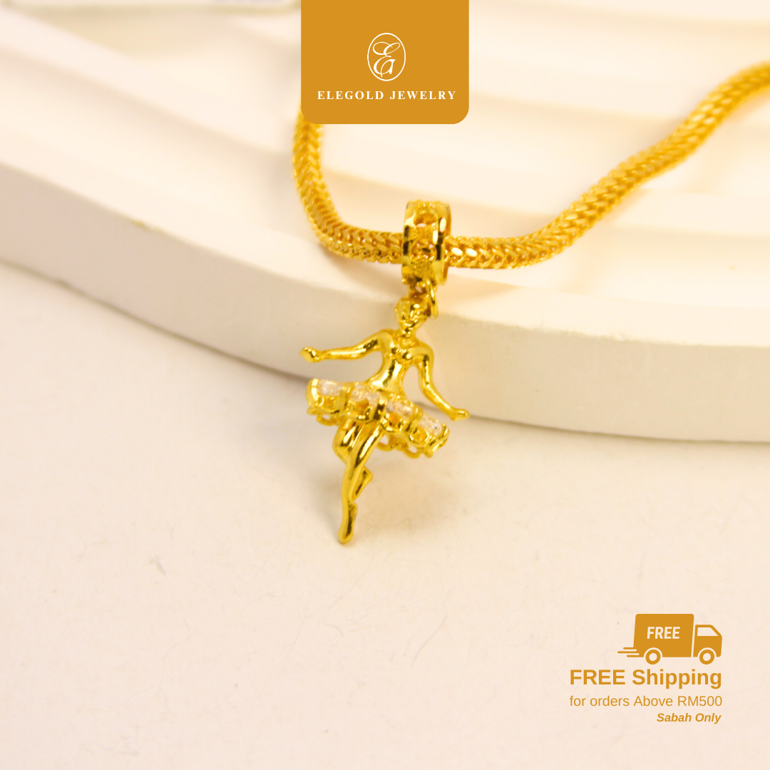 916 Gold Princess Dancing CZ Stone Charm | Charm Plain Puteri Batu Emas 916 | Elegold