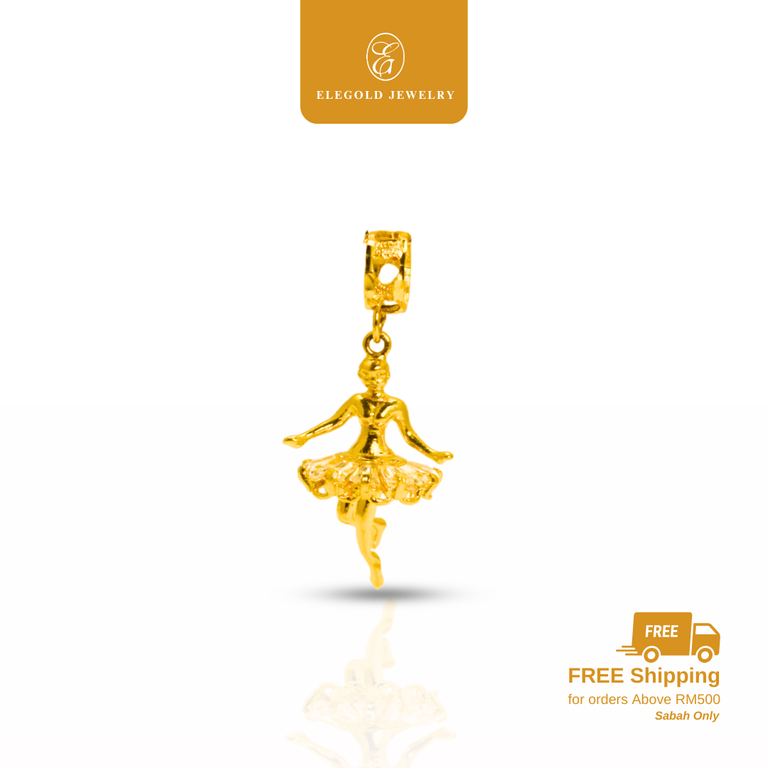 916 Gold Princess Dancing CZ Stone Charm | Charm Plain Puteri Batu Emas 916 | Elegold