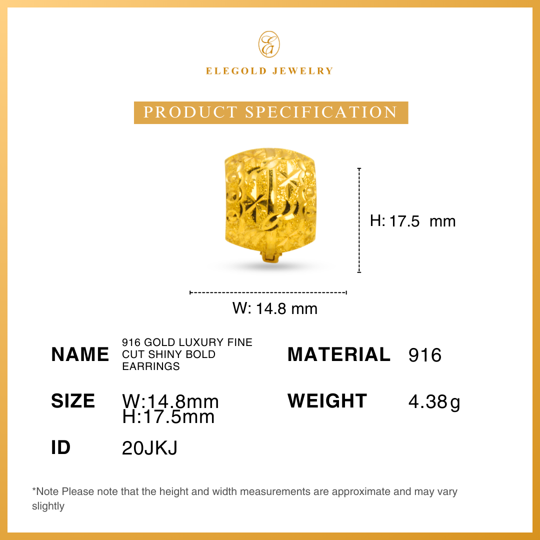 916 Gold Luxury Fine Cut Shiny Bold Earrings | Subang Kilat Fesyen Klasic Emas 916 | Elegold
