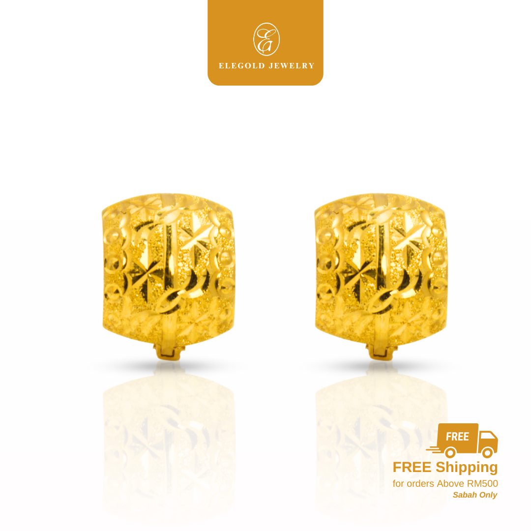 916 Gold Luxury Fine Cut Shiny Bold Earrings | Subang Kilat Fesyen Klasic Emas 916 | Elegold