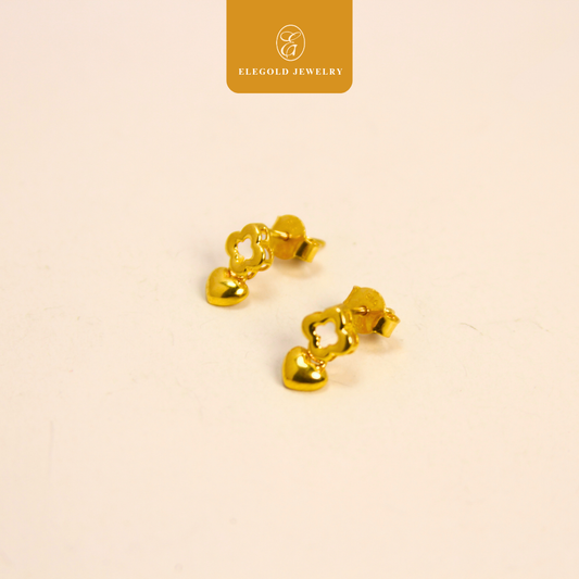 916 Gold Simple Heart Clover Stud Earrings | Subang Plain Hati Trendy Emas 916 | Elegold