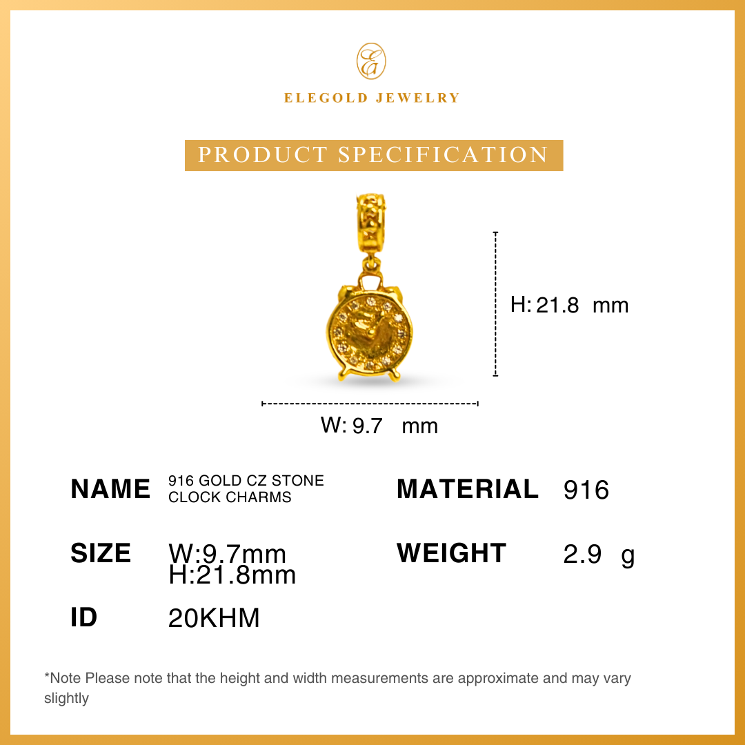 916 Gold CZ Stone Clock Charms | Charm Emas 916 Waktu | Elegold