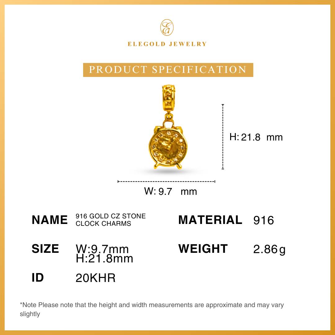 916 Gold CZ Stone Clock Charms | Charm Emas 916 Waktu | Elegold