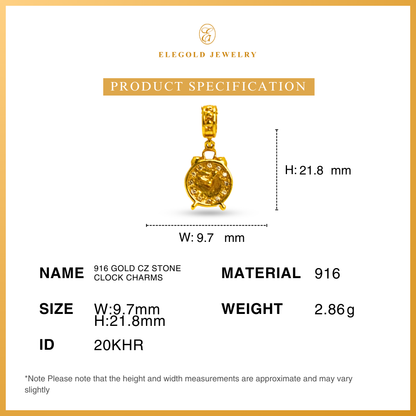 916 Gold CZ Stone Clock Charms | Charm Emas 916 Waktu | Elegold