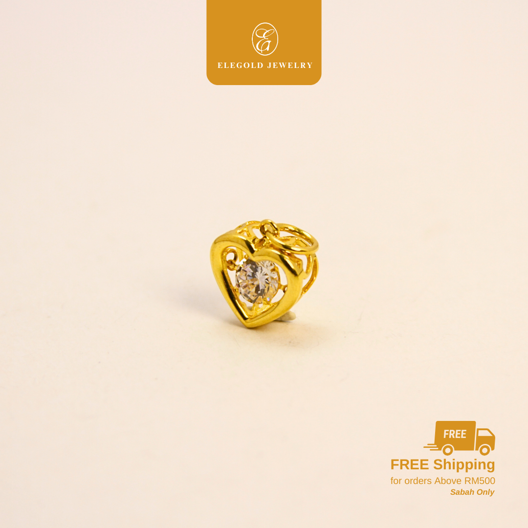 916 Gold Heart Plain Dancing CZ Stone Pendant | Loket Emas 916 Batu CZ | Elegold