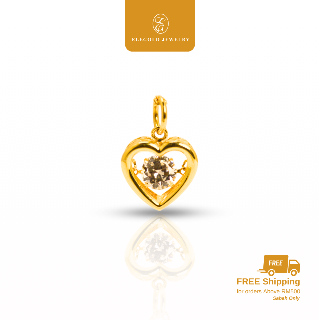 916 Gold Heart Plain Dancing CZ Stone Pendant | Loket Emas 916 Batu CZ | Elegold