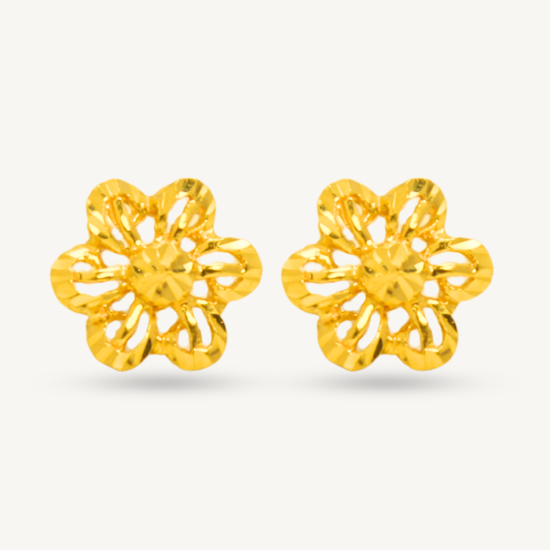 916 Gold Shiny Flower Stud Earrings | Bunga Kilat Anting Emas 916 | Elegold