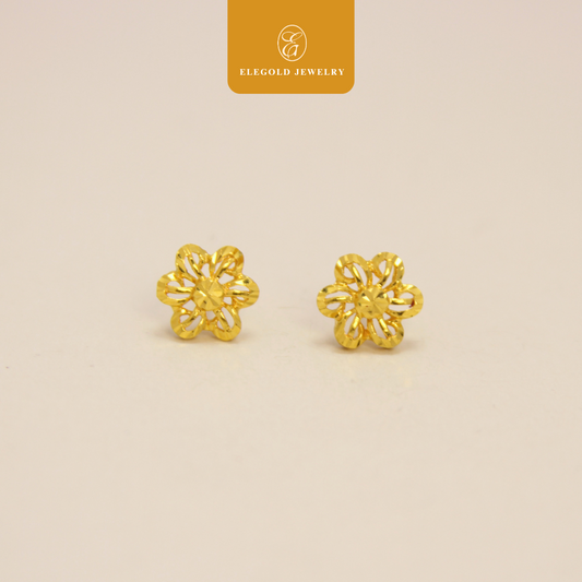 916 Gold Shiny Flower Stud Earrings | Bunga Kilat Anting Emas 916 | Elegold