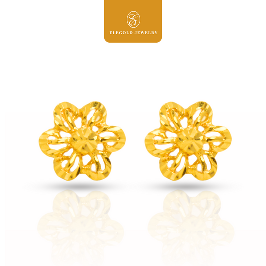 916 Gold Shiny Flower Stud Earrings | Bunga Kilat Anting Emas 916 | Elegold