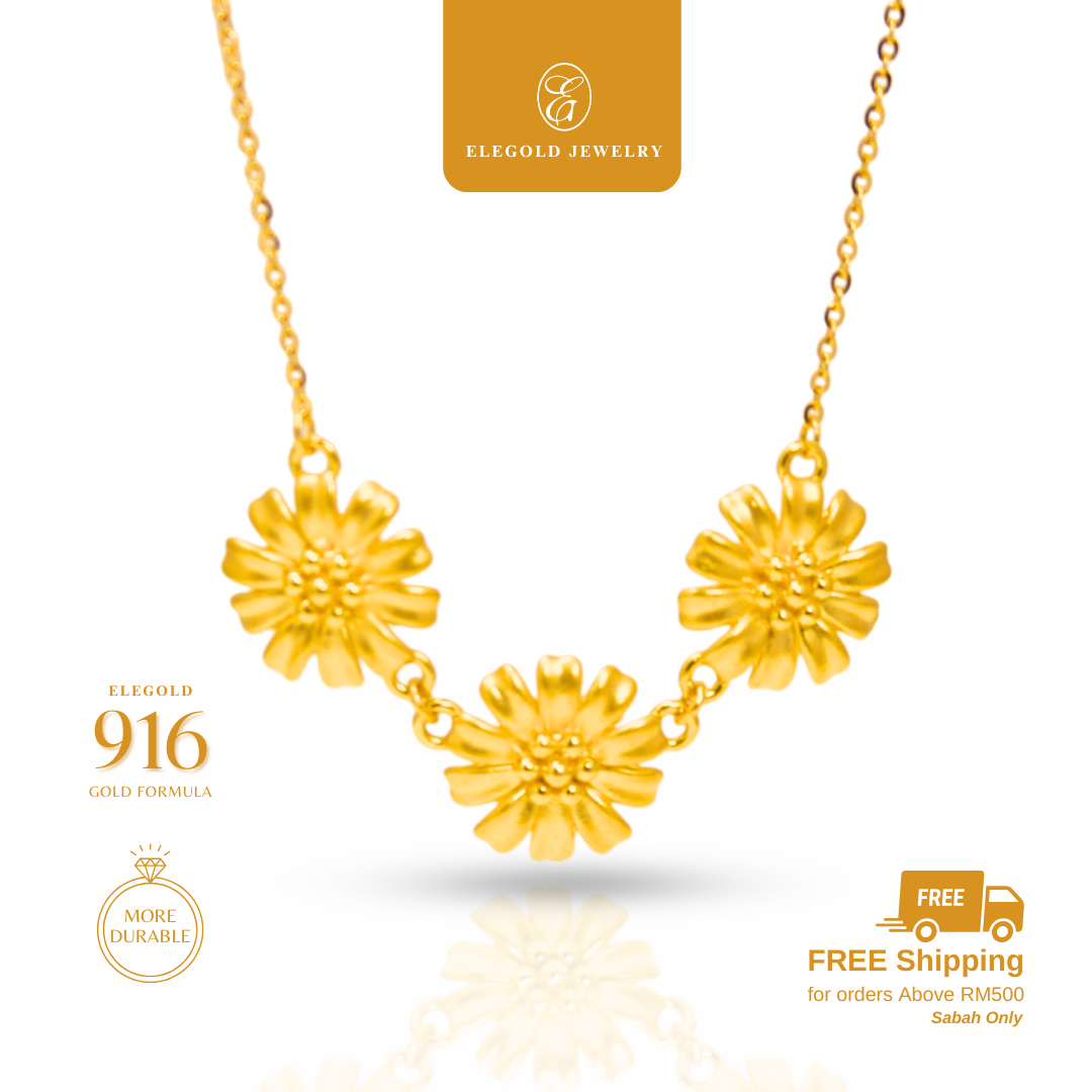 Triple Flower Necklace Pendant Gold Necklace Elegold