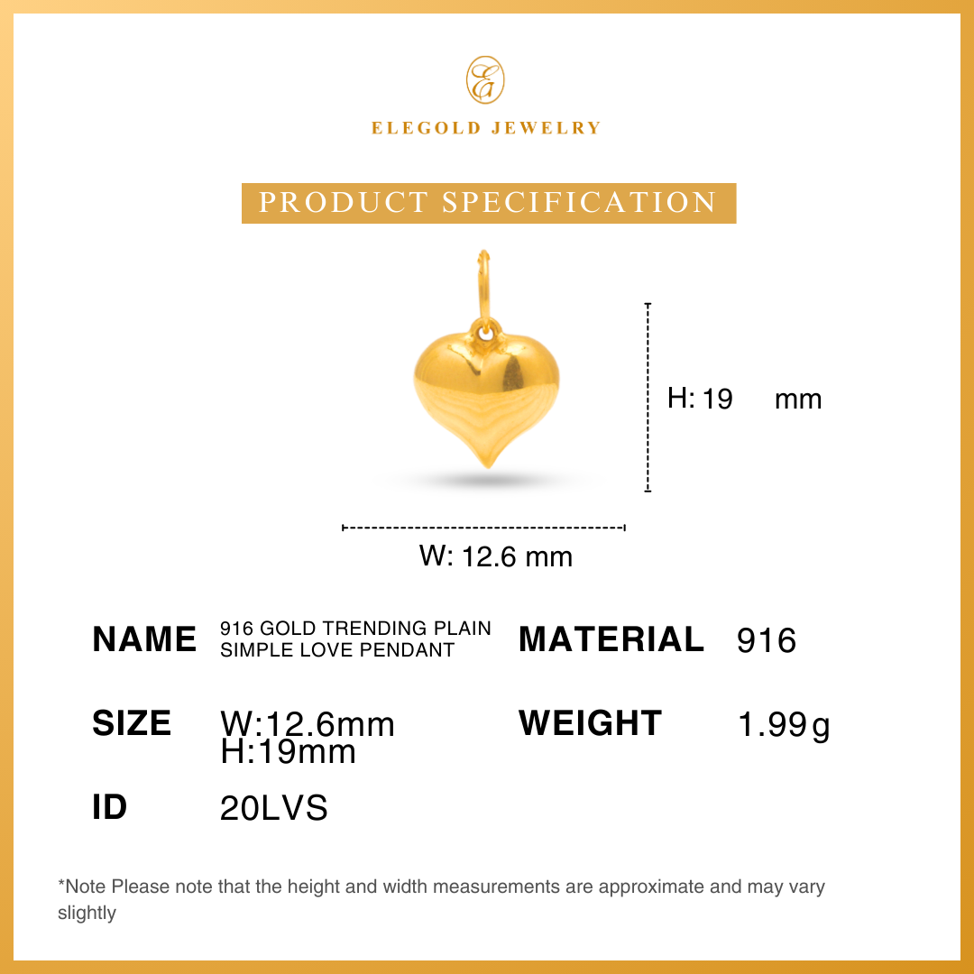 916 Gold Trending Plain Simple Love Pendant | Loket Plain Hati Emas 916 | Elegold