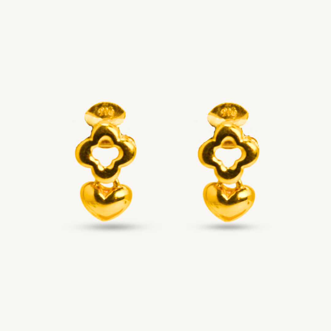 916 Gold Simple Heart Clover Stud Earrings | Subang Plain Hati Trendy Emas 916 | Elegold