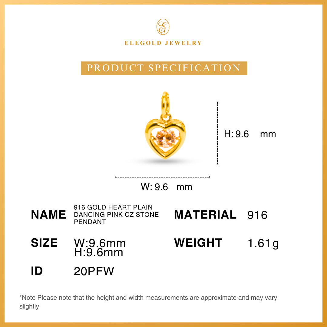 916 Gold Heart Plain Dancing CZ Stone Pendant | Loket Emas 916 Batu CZ | Elegold