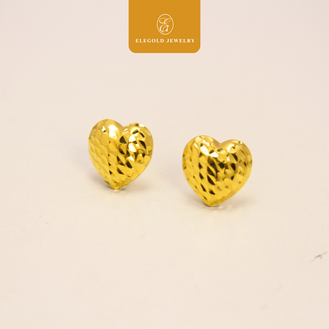 916 Gold Trendy Heart Shiny Stud Earrings | Anting Kilat Hati Trendy Emas 916 | Elegold