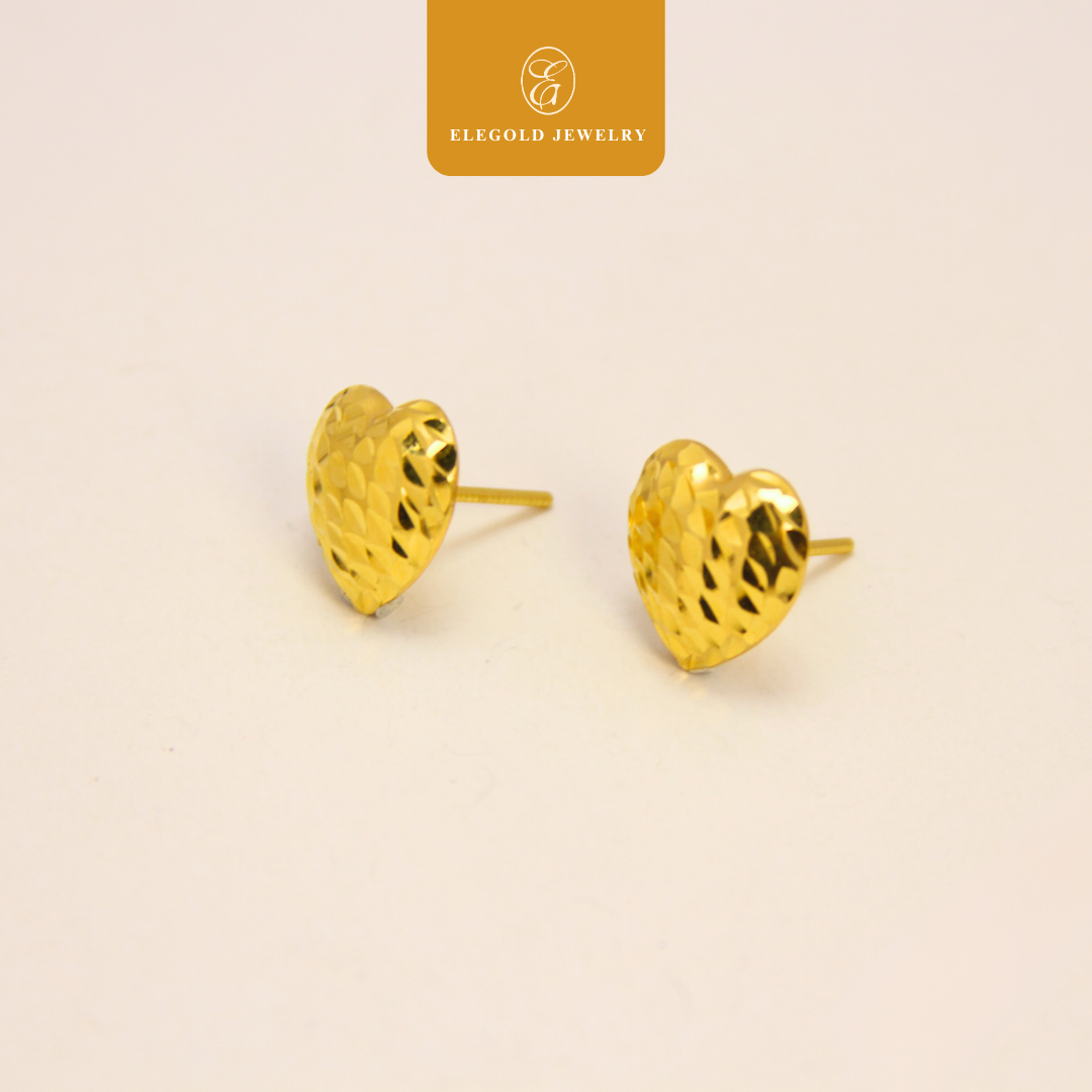 916 Gold Trendy Heart Shiny Stud Earrings | Anting Kilat Hati Trendy Emas 916 | Elegold