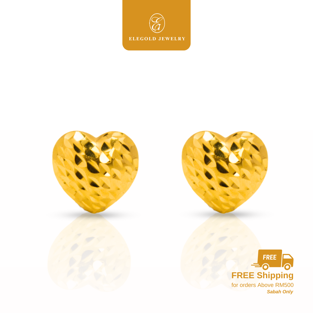 916 Gold Trendy Heart Shiny Stud Earrings | Anting Kilat Hati Trendy Emas 916 | Elegold