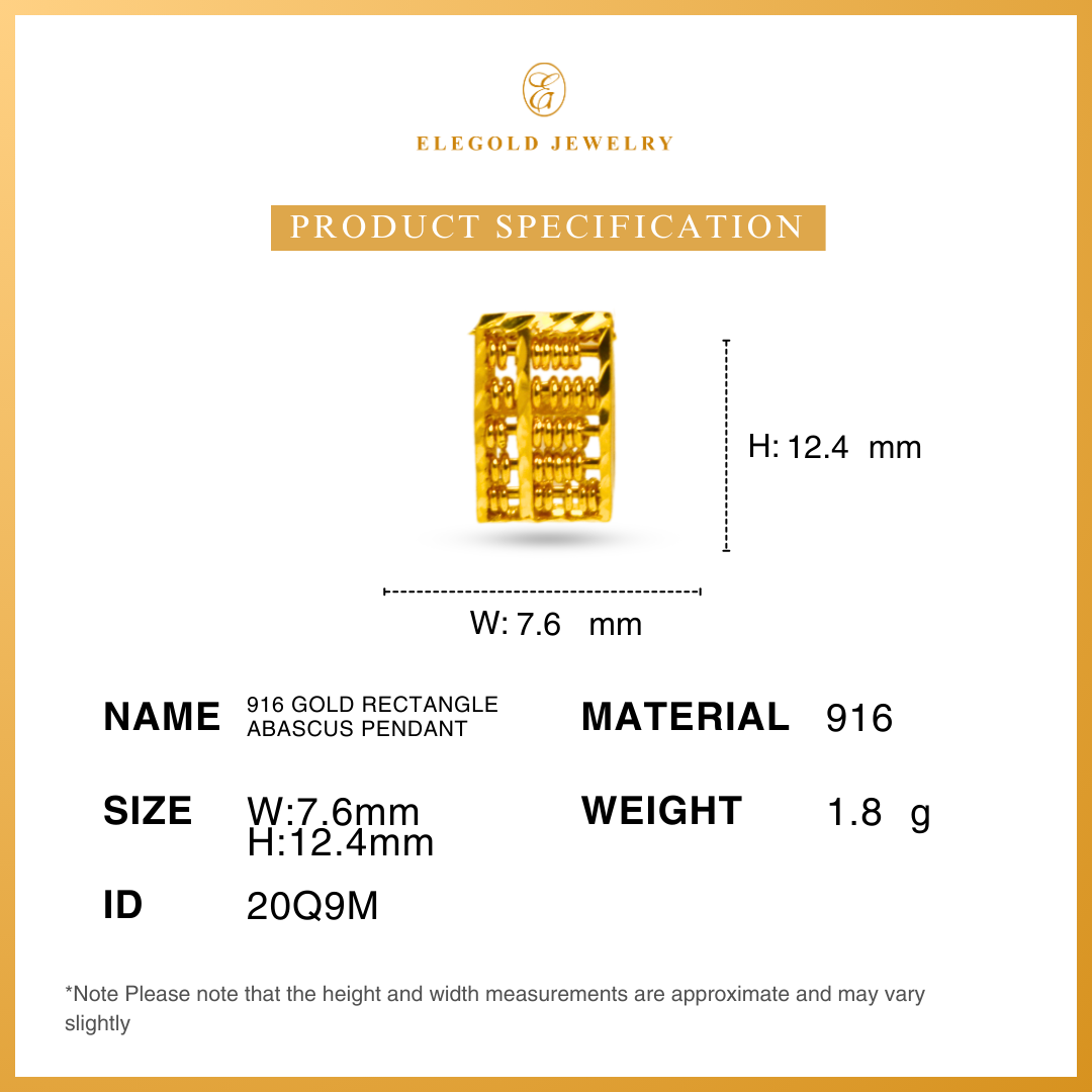 916 Gold Rectangle Abascus Pendant | Loket Abakus Emas 916 | Elegold