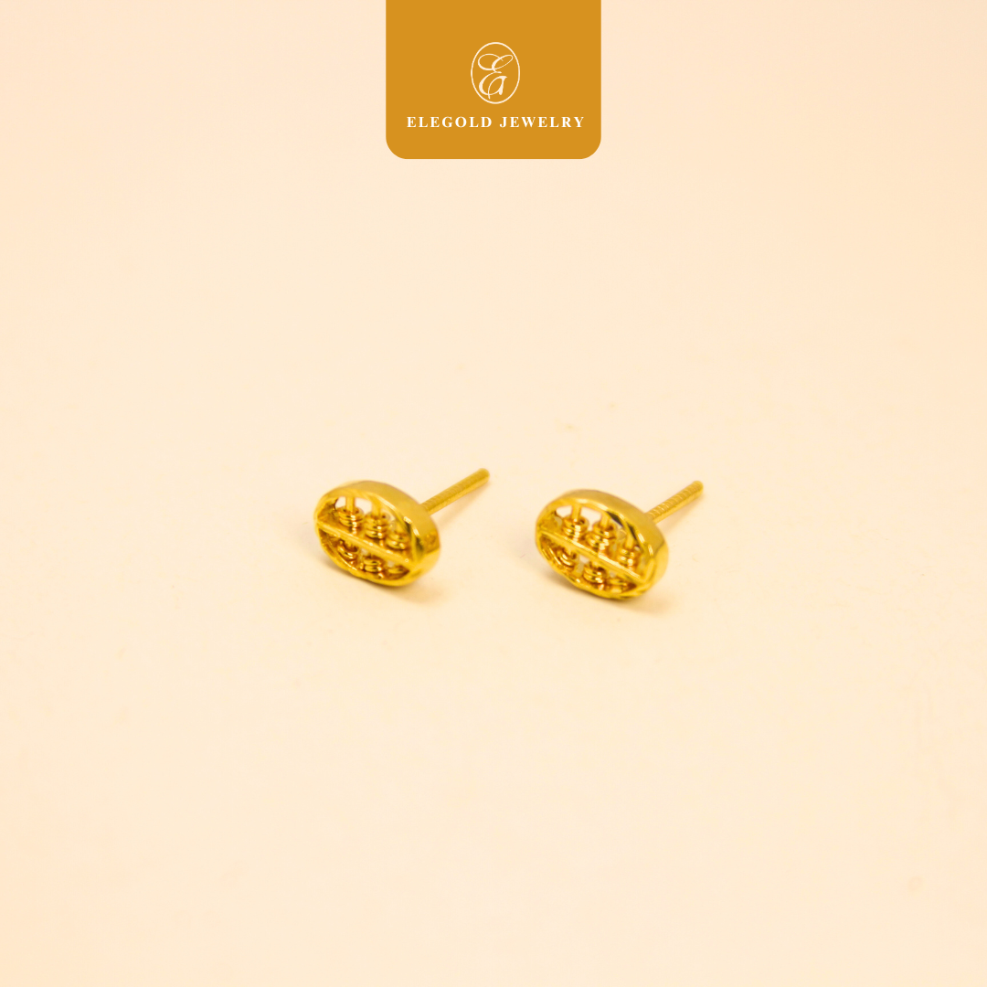 916 Gold Oval Round Shiny Abascus Earrings | Anting Kilat Bujur Abakus Emas 916 | Elegold
