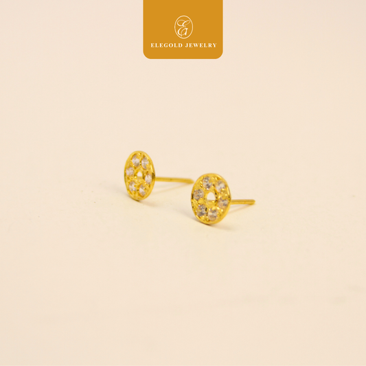 916 Gold Round Stone Stud Earrings | Anting Batu Trendy Emas 916 | Elegold