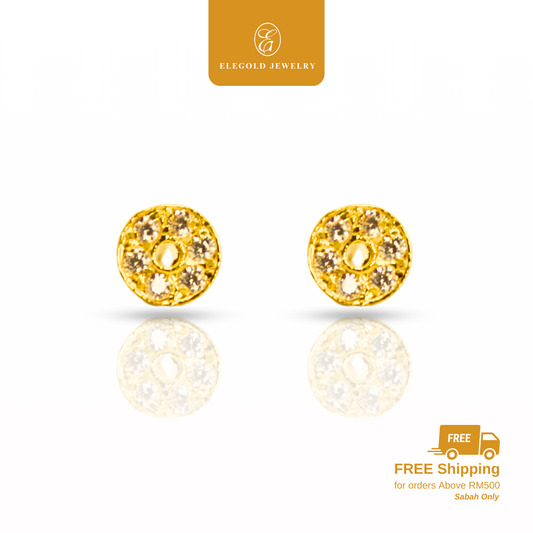 916 Gold Round Stone Stud Earrings | Anting Batu Trendy Emas 916 | Elegold