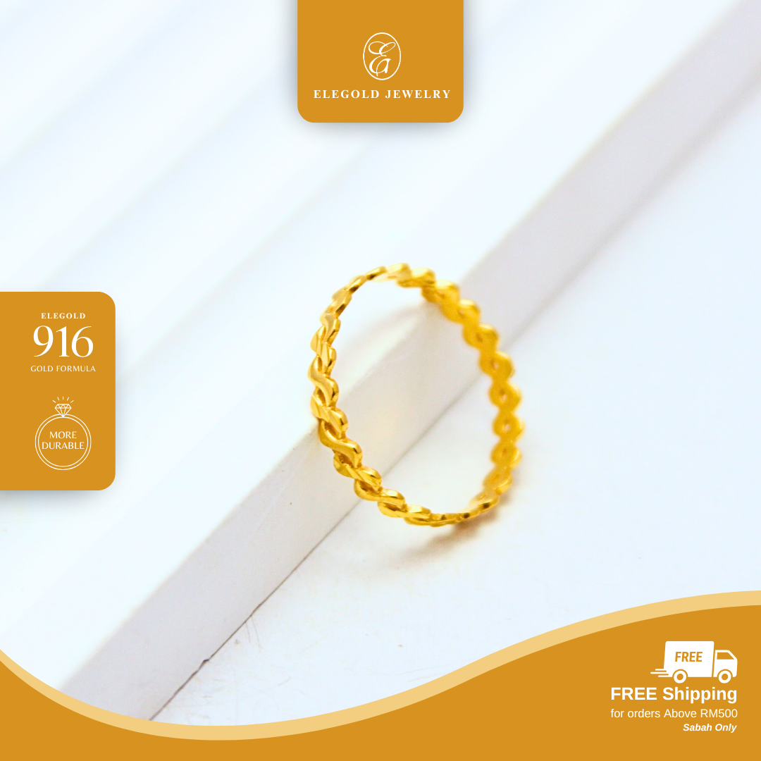 916/22K Gold 1g Plain Wave Fesyen Ring Elegold