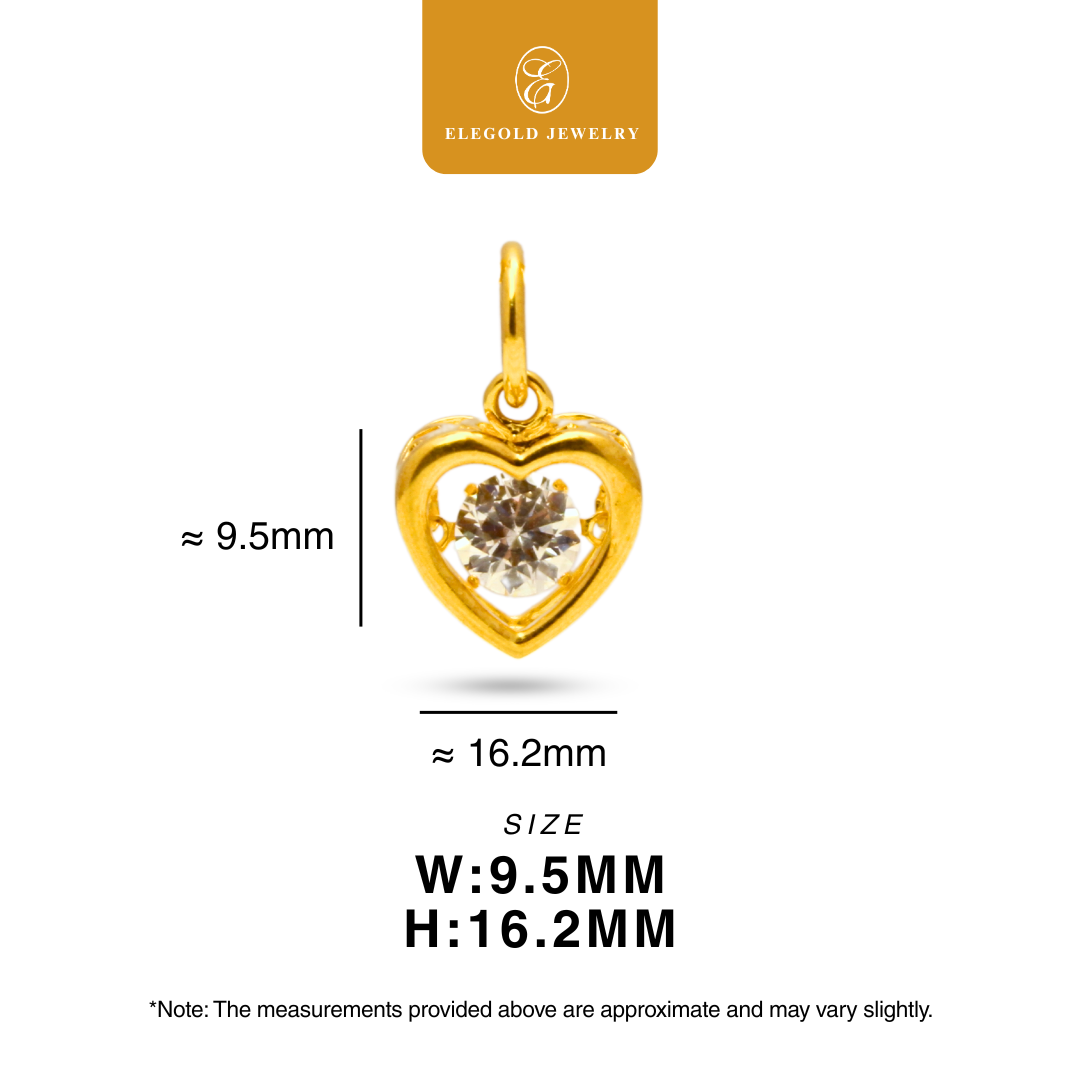 916/22K Gold Heart Plain Dancing CZ Stone Pendant Elegold