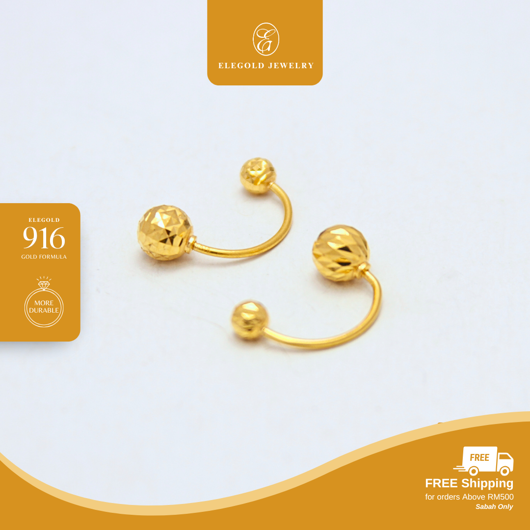Elegold 916G Shiny Bead Dangling Earring Subang Anting-Anting - 20TD4