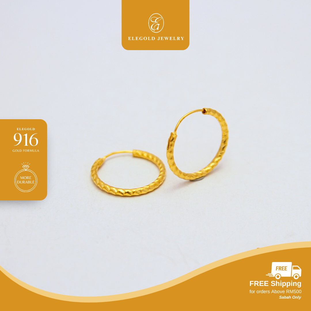 916/22K Gold Plain Textured Hoop Earring Elegold