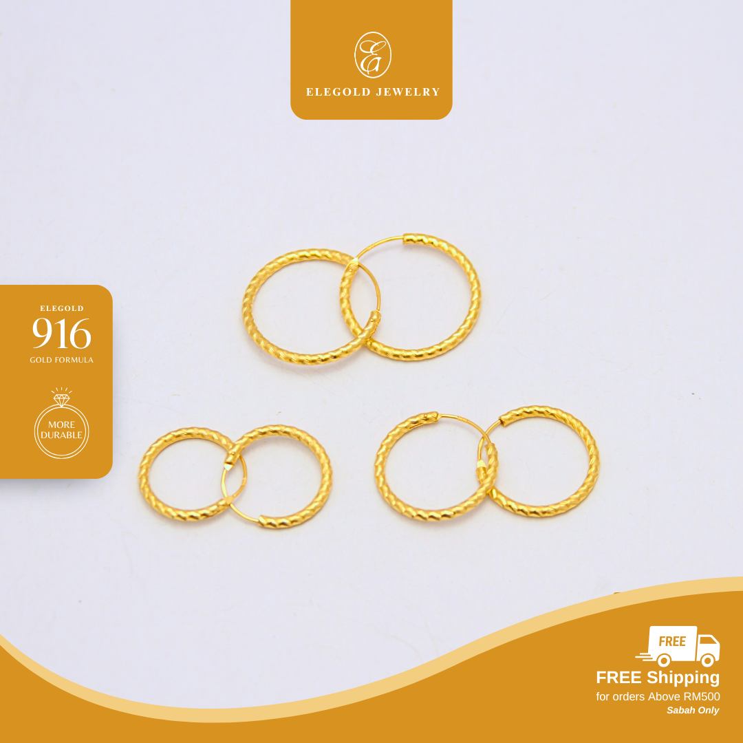 916/22K Gold Plain Textured Hoop Earring Elegold
