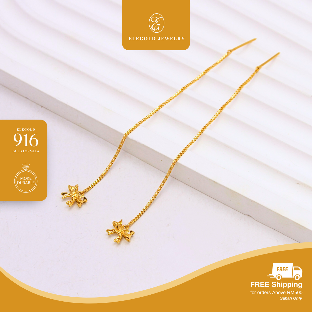 916/22K Gold Ribbon Plain Dangling Earring Elegold
