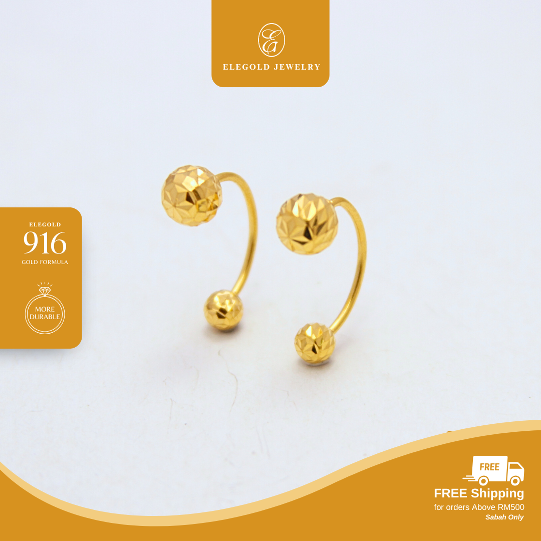 Elegold 916G Shiny Bead Dangling Earring Subang Anting-Anting - 20TD4
