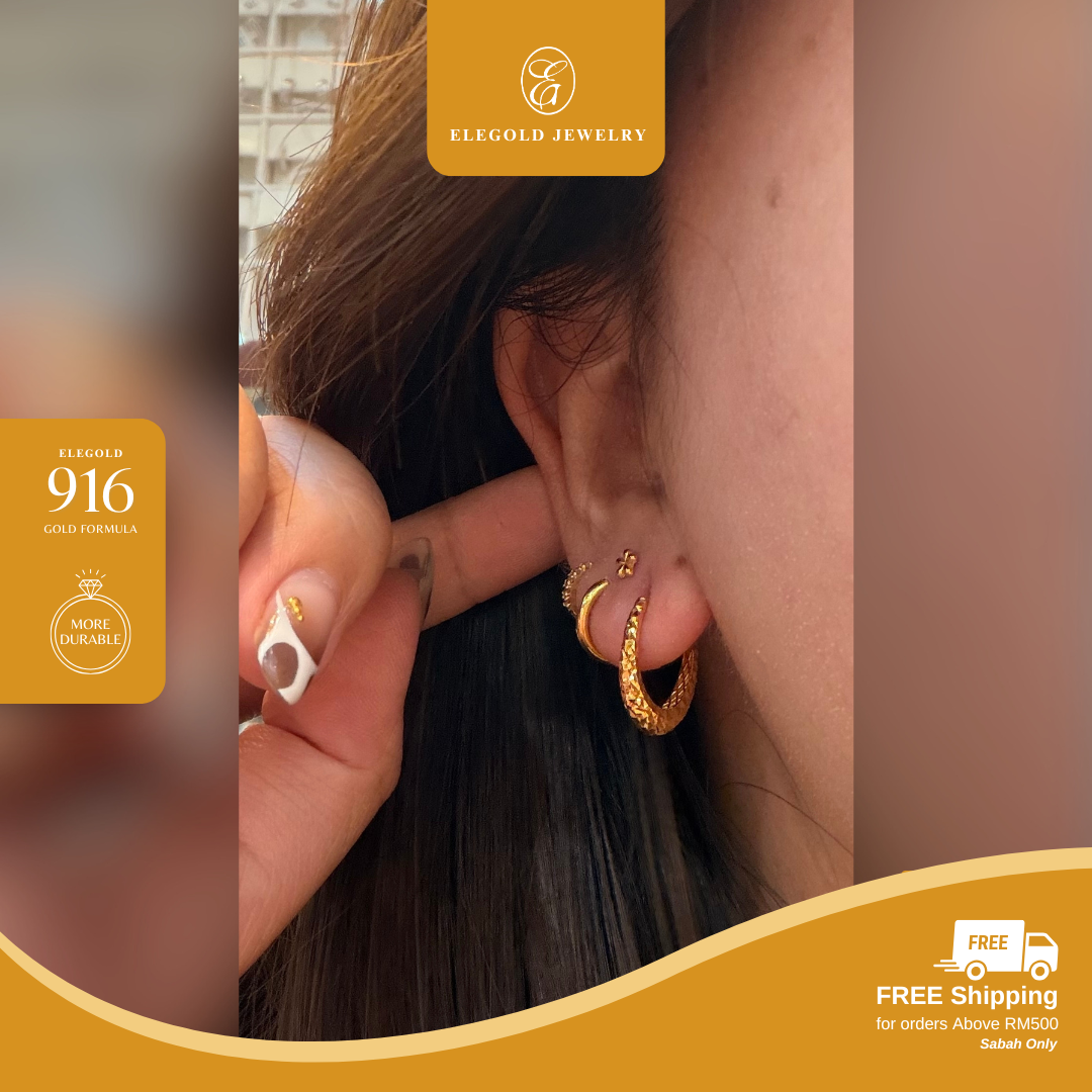 Elegold 916G Oval Bold Shattered Ice Hoop Earring Subang Anting-Anting 椭圆