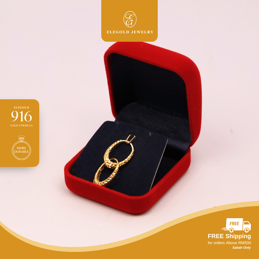 Elegold 916G Oval Bold Shattered Ice Hoop Earring Subang Anting-Anting 椭圆