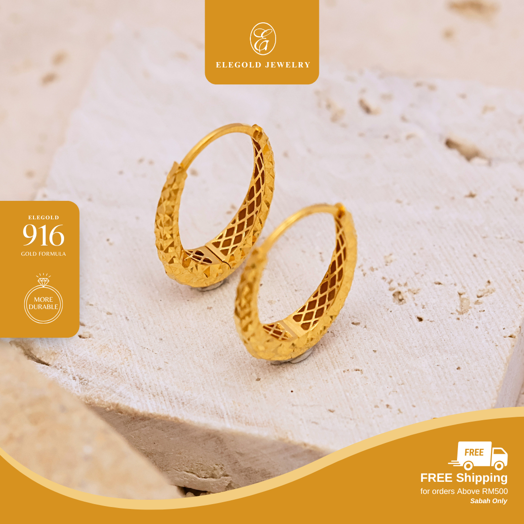 Elegold 916G Oval Bold Shattered Ice Hoop Earring Subang Anting-Anting 椭圆