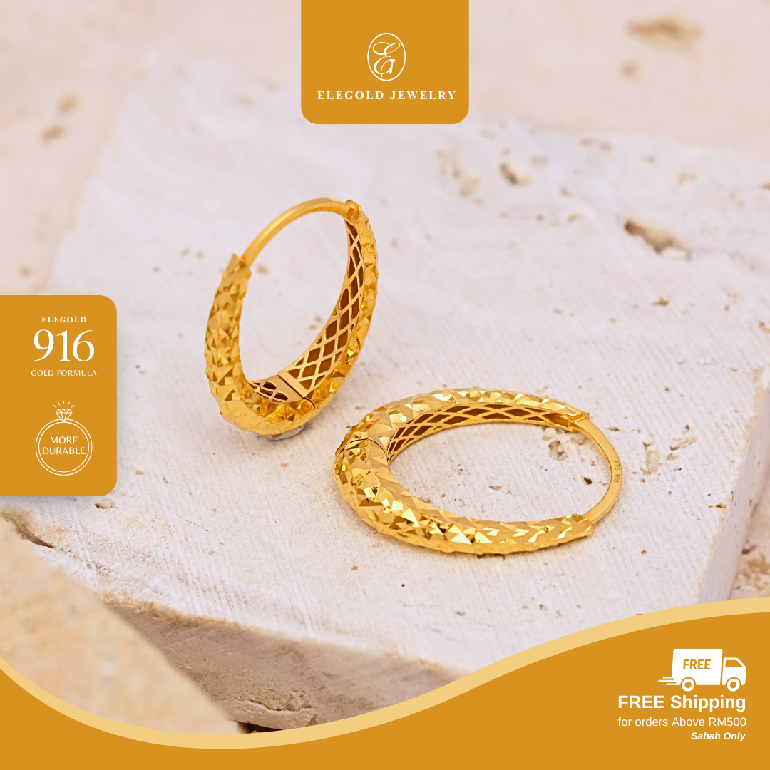 Elegold 916G Oval Bold Shattered Ice Hoop Earring Subang Anting-Anting 椭圆